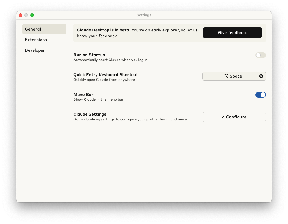 Claude 桌面應用程式 Settings 頁面