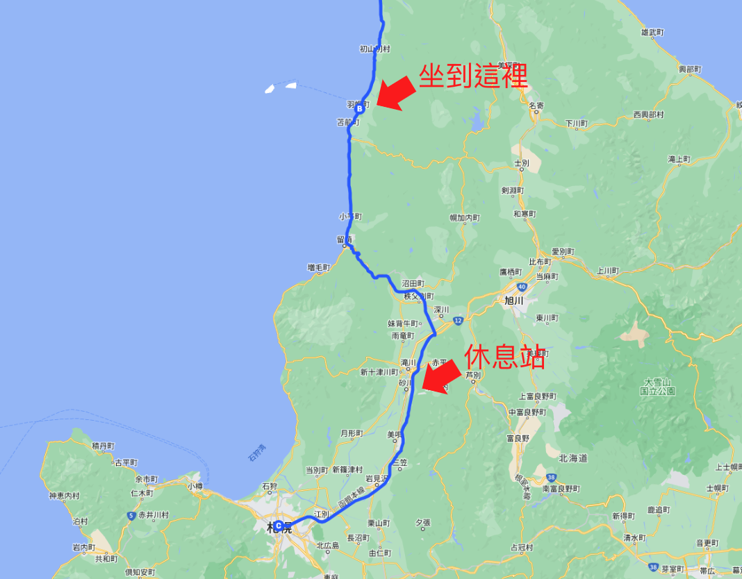 巴士路線圖標示砂川休息站位置