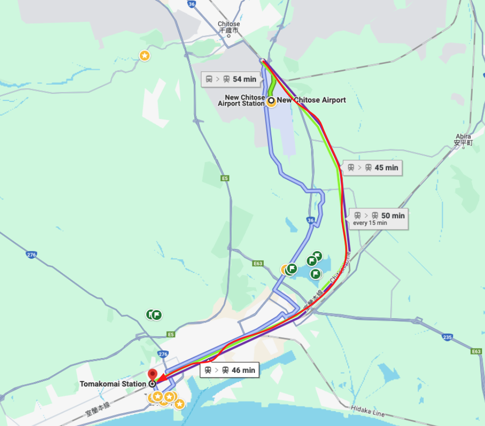 新千歲機場到苫小牧車站的 JR 路線圖