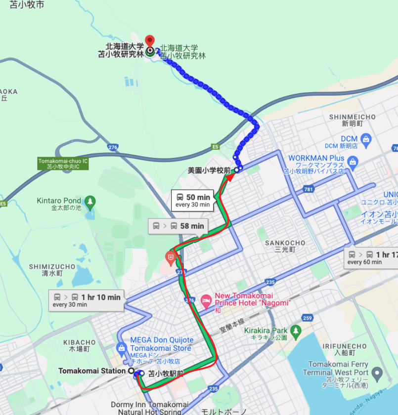 前往北海道大学苫小牧研究林的公車路線圖