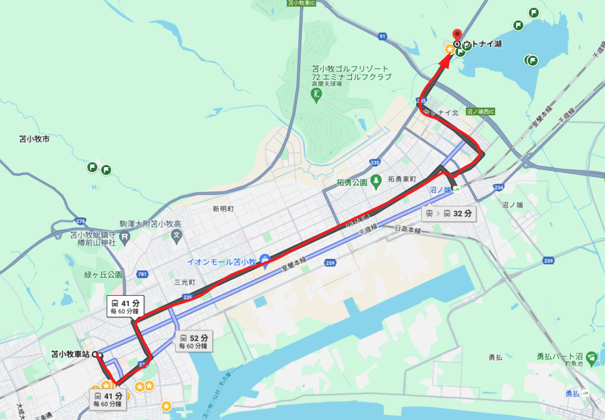 前往ウトナイ湖的公車路線圖，車程約 40 分鐘