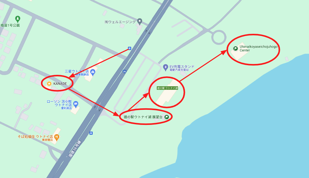 ウトナイ湖地圖，標示休息站、廁所位置和步行路線